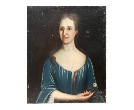 19th century English school - Head and Shoulder Portrait of a Lady in a Blue Velvet Dress Holding a White Rose - oil on canva