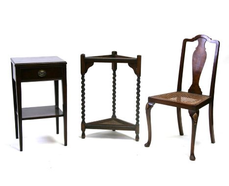 An oak corner stick stand, a mahogany bedside table, a poker work stool and a bedroom chair (4)