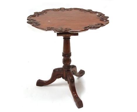 A Georgian style mahogany tilt-top occasional table with bird-cage mechanism, on turned column and tripod base, 70cms (27.5in