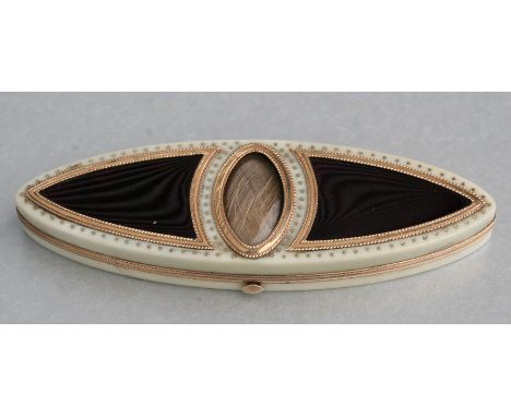 A Georgian ivory yellow metal mounted and amethyst enamel toothpick box of navette form with central yellow metal mounted hai
