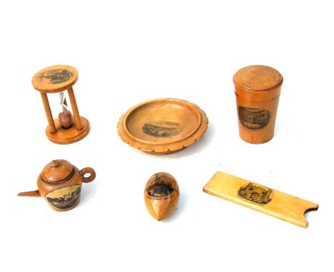 A collection of Victorian Mauchline ware to include a teapot form thimble case and an egg timer.