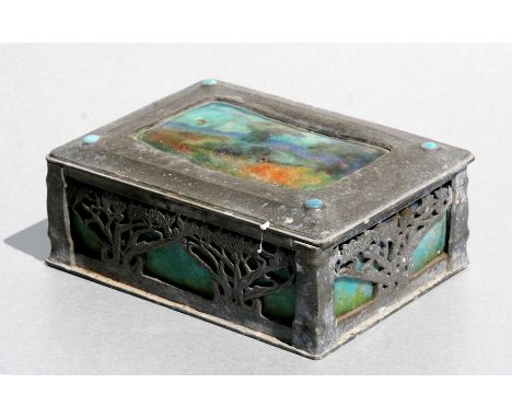 An M. B. Bros. Art Nouveau pewter and enamel trinket box, the lid inset with a rectangular enamel panel depicting a landscape