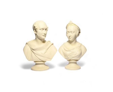 Two Kerr &amp; Binns (Worcester) Parian busts of Queen Victoria and Prince Albert, mid 19th century, the young couple modelle