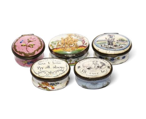 Five enamel patch boxes, 2nd half 18th century, one circular and painted with a rose spray on a dark pink linen ground, three
