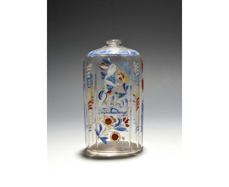 A German enamelled glass flask, 18th century, painted with a white rabbit or hare smoking a long-stemmed pipe, the reverse wi