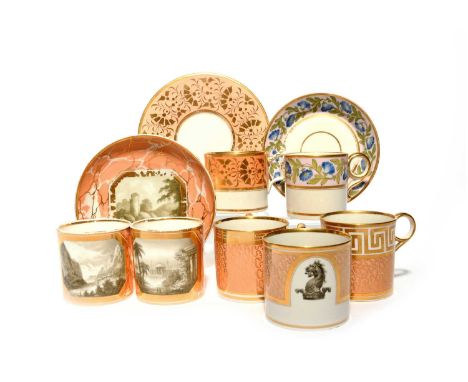 Seven coffee cans from the Flight and Barr Worcester partnerships, c.1805-25, two Barr with a matching saucer and painted wit