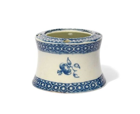 A rare Caughley blue and white inkwell, c.1780, of capstan shape, printed with small flower sprigs between cell diaper border