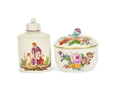 A Limbach tea canister and cover, c.1780, one side painted with a ragged mother and two children, the reverse with a seated m