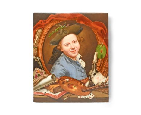 A Paris porcelain rectangular plaque, 19th century, painted by Celeste Breton (née Colen) with the portrait of a smiling man 