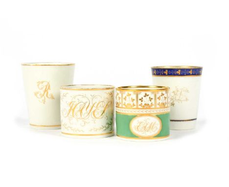 Two Barr Worcester beakers and two Flight, Barr and Barr coffee cans or small mugs, c.1800-35, the flared beakers with gilt i