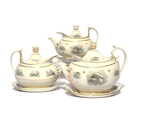 Three Barr Flight and Barr (Worcester) teapots with covers and stands, c.1810, bat printed in black, two with vignettes of sh