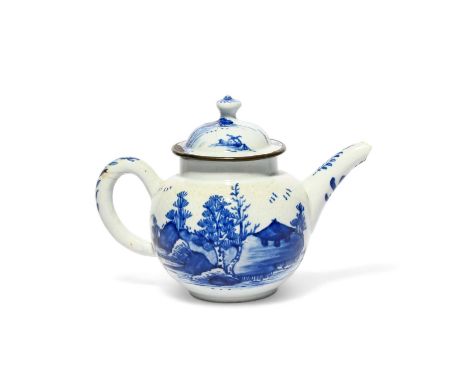 A small and rare Vauxhall blue and white teapot and cover, c.1756-58, the globular body painted with a small hut and trees in