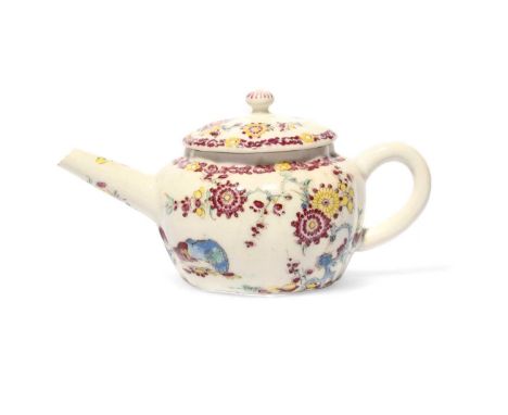 A very rare Bow lobed teapot and cover, c.1753, after a Japanese shape, unusually painted in the famille rose palette with th