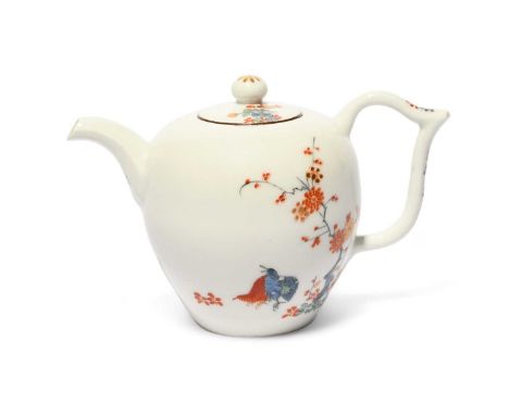 A small Meissen teapot and cover, c.1725-30, of bullet shape, painted in Kakiemon enamels with the Two Quail pattern, with cu