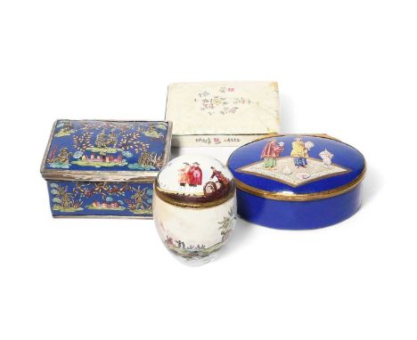 Three Continental enamel snuff boxes, late 18th/19th century, one oval and decorated in relief with Chinese figures holding p