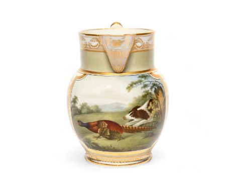 A small Chamberlain's Worcester hunting scene jug, c.1820, painted with a spaniel chasing a cock pheasant, after a painting b