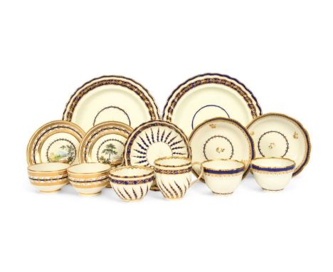 A group of Derby teawares, c.1790, including a pair of teabowls and saucers painted probably by Zachariah Boreman with small 