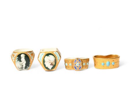 Two Minton porcelain scarf rings, late 19th/early 20th century, painted by Boullemier, one with a putto standing in a garden,