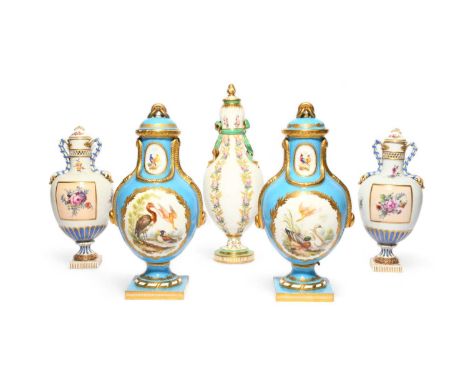 A pair of Coalport vases and covers, 19th century, in the Sèvres manner, painted with panels of exotic and aquatic birds with