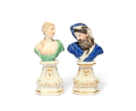 A pair of Meissen miniature busts emblematic of Spring and Winter, mid 18th century, Spring modelled as a Classical maiden we