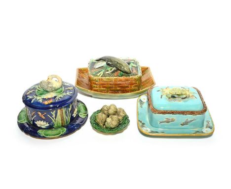 Three Majolica tureens or pots and covers, 19th century, one Joseph Holdcroft and modelled with a crab finial, another George