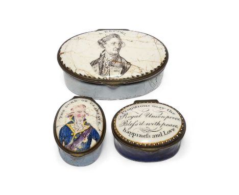 Three South Staffordshire enamel boxes, c.1780-1800, one an oval snuff box and printed with a portrait of Admiral Keppel, ano