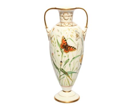 A fine Staffordshire porcelain vase, 1st half 19th century, well painted with butterflies, damselflies, ladybirds and other i