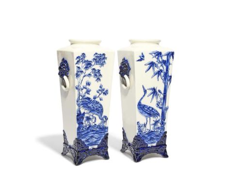 A pair of Royal Worcester Aesthetic Movement 'Japonism' vases, c.1870, the square forms moulded in relief and decorated in bl