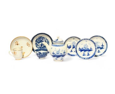 A small collection of Caughley miniature teawares, c.1770-80, including a teapot and cover and three saucers painted in under