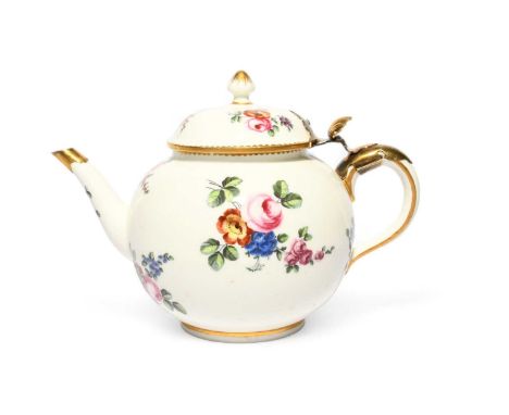 A large Sèvres teapot, c.1760, the globular body painted with sprays of European flowers on a white ground, with gilt dentil 
