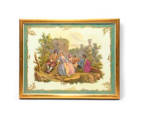 A large Meissen porcelain plaque, 19th century, painted with courting couples beside ruined statuary and overhanging rocks, r