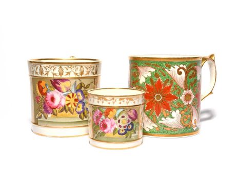 Three English porcelain porter mugs, c.1820-30, two Derby and painted with baskets of flowers resting on a stone shelf, with 