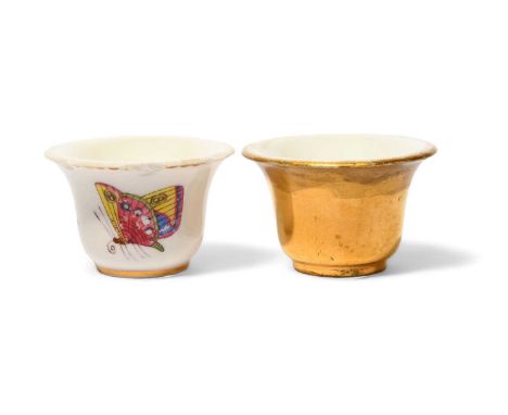 Two Sèvres rouge pots, c.1770-80, one painted with butterflies and other insects, blue interlaced Ls mark and painter's mark 