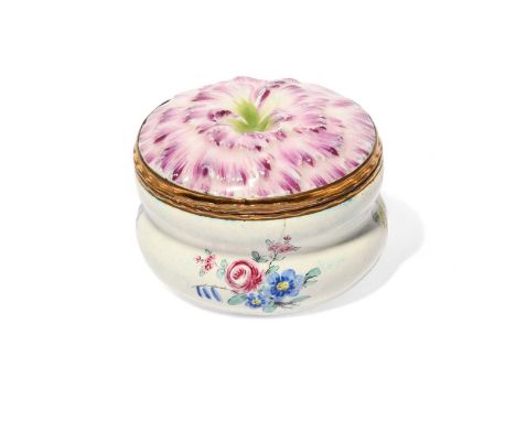A composite Meissen and enamel snuff box, 2nd half 18th century, the top Meissen porcelain and modelled as the base of a rose