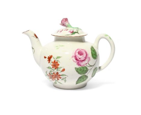 A small Scratch Cross Worcester teapot and cover, c.1754, finely painted with a pink rose spray and other flowers beside a la