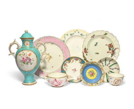 A small study collection of English and French porcelains, 18th century, including a Worcester plate, a Chelsea-Derby vase an