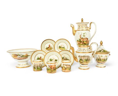 A Paris porcelain part coffee service, early 19th century, painted after Georges-Louis Leclerc, comte de Buffon with wild, ex