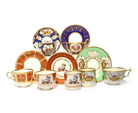 Five Flight and Barr partnership cups and saucers, c.1800-15, including a Barr trio of coffee can, teacup and saucer with a b