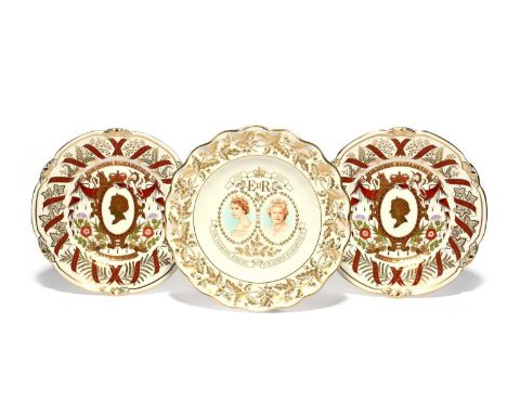 Three Royal Crown Derby commemorative plates, modern, two for the Ruby Jubilee of Queen Elizabeth II, numbers 38 and 123 of a