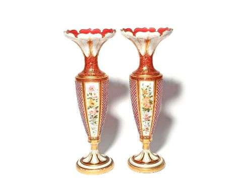 A tall pair of Bohemian glass vases, 19th century, the slender forms overlaid with white over ruby and painted with panels of