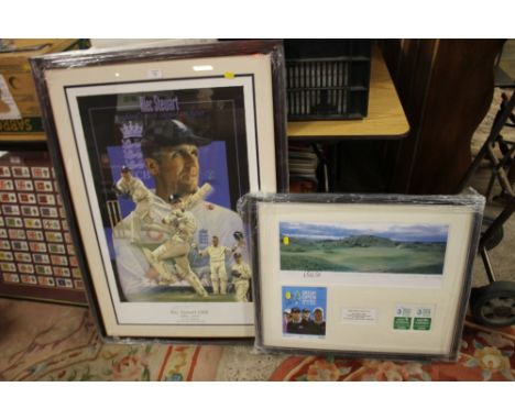 A LARGE SIGNED ALEC STEWART CRICKET INTEREST PRINT TOGETHER WITH A GOLF INTEREST SIGNED ROBERT ROCKS FINEST HOUR PRINT (2) 