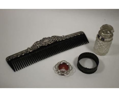 A HALLMARKED SILVER COMB, SCENT BOTTLE, NAPKIN RING ETC