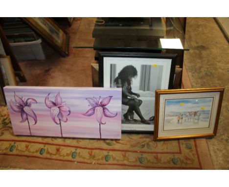 A SIGNED LIMITED EDITION  DONKEY PRINT, PLUS ANOTHER AND A FLORAL OIL ON CANVAS (3)