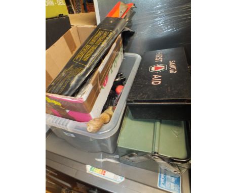 A BOX OF HAND TOOLS AND PARTS PLUS A TOOL BOX, FIRST AID BOX ETC