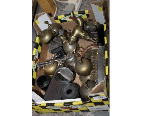 A TRAY OF COLLECTABLES TO INCLUDE BRASS DESK BELLS, LOCKS, TAPS ETC