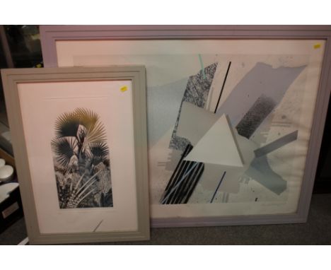 A LARGE SIGNED LIMITED EDITION ABSTRACT PRINT TOGETHER WITH ANOTHER (2) 