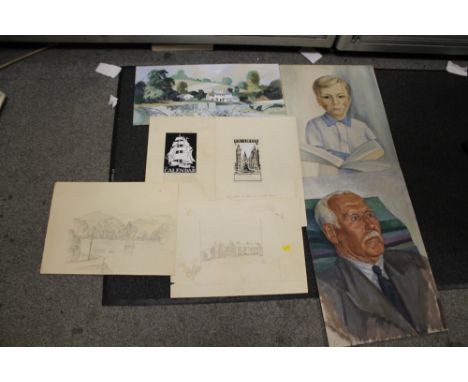 A QUANTITY OF UNFRAMED PAINTINGS AND SKETCHES BY MERYL WATTS TO INCLUDE PORTRAIT STUDIES, BUILDINGS ETC. (7) 