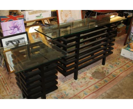 A MODERN GLASS TOP CONSOLE TABLE AND A MATCHING LAMP TABLE (2)