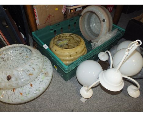 A QUANTITY OF VINTAGE GLASS LIGHT SHADES TOGETHER WITH A LIGHT FITTING 