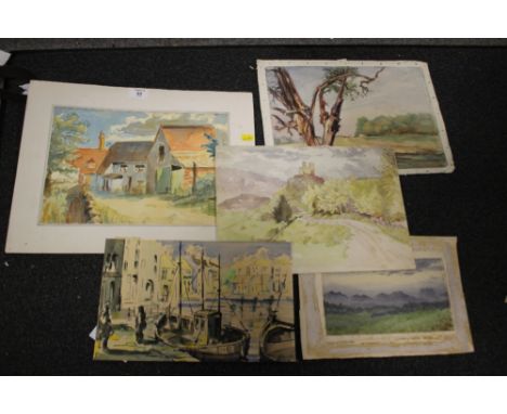 AN UNFRAMED WATERCOLOUR DEPICTING A HARBOUR SCENE ENTITLED OBAN SIGNED R. CORBETT (SEE VERSO) PLUS FOUR OTHER WATERCOLOURS